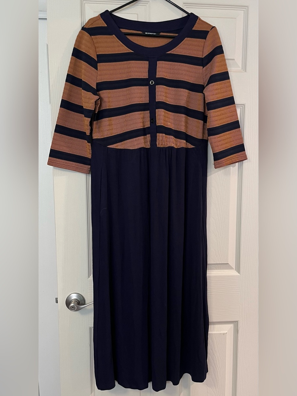 BloomChic Navy & Caramel Striped Colorblock Midi Dress with Side Pockets